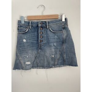We The Free Denim High Waisted Mini Skirt Buttonfly Size 27 Distressed Cotton‎